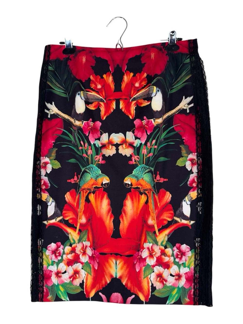 Ted Baker Red Black Floral Bird Print Knee Length Pencil Skirt Womens 2 Classic